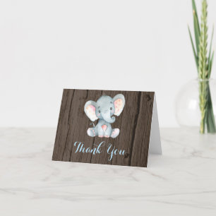 Rustic Cute Elephant Baby Boy Blue and Grey Thank You Card