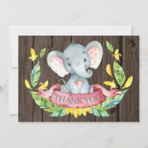 Rustic Cute Elephant Baby Girl Pink and Grey Thank You Card