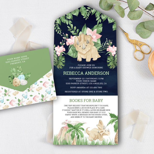 Rustic Cute Floral Dinosaur Navy Blue Baby Shower All In One Invitation (Creator Uploaded)