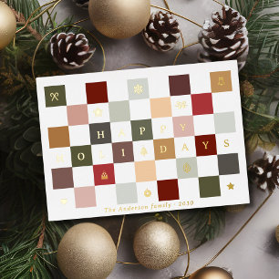 Rustic Cute Happy Holidays Christmas Chequerboard Foil Holiday Card