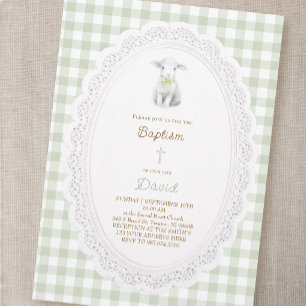 rustic cute lamb sage green gingham Baptism Invitation