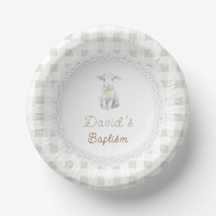 rustic cute lamb sage green gingham Baptism Paper Plate