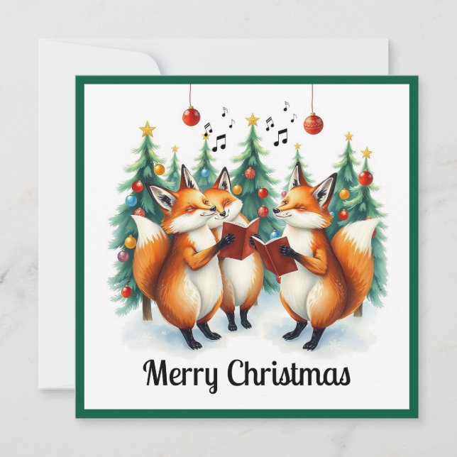 Rustic Cute Nice Fox Winter Pine Trees Caroling  Holiday Card (Front)