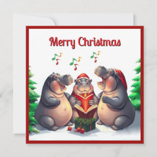 Rustic Cute Nice Hippo Winter Pine Trees Caroling  Holiday Card