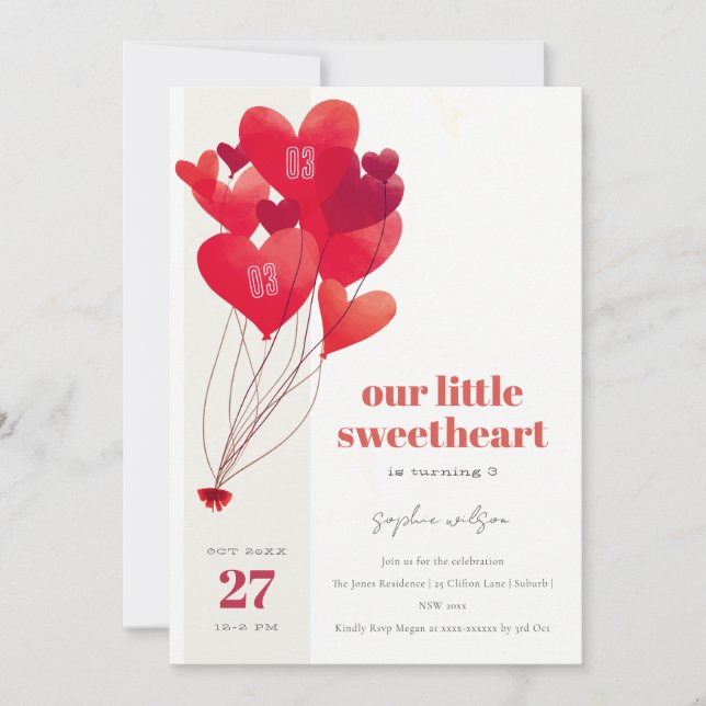 Rustic Cute Red Heart Balloons Sweetheart Birthday Invitation (Front)