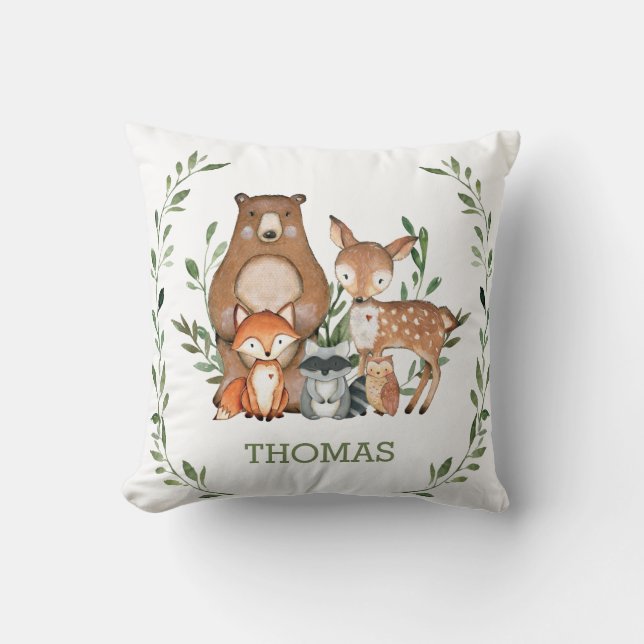 Rustic Cute Woodland Animals Greenery Kids Nursery Throw Pillow (Front)