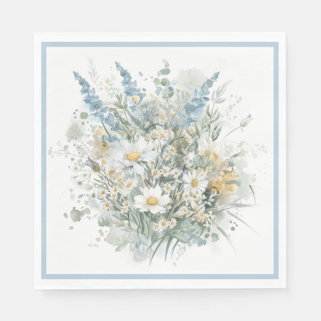 Rustic Daisies & Blue Floral Bridal Shower Napkin (Front)