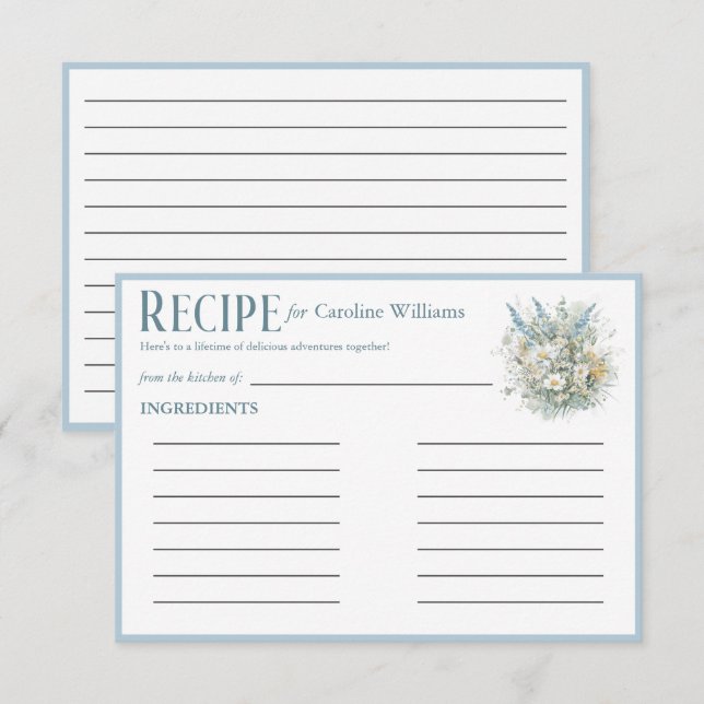 Rustic Daisies & Blue Floral Bridal Shower Recipe Enclosure Card (Front/Back)