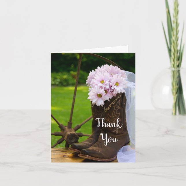 Rustic Daisies Cowboy Boots Bridesmaid Thank You Card (Front)