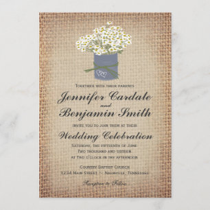 Rustic Daisies Double Hearts Burlap Wedding Invite