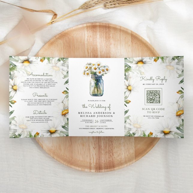 Rustic Daisies Floral Mason Jar QR Code Wedding Tri-Fold Invitation (Creator Uploaded)