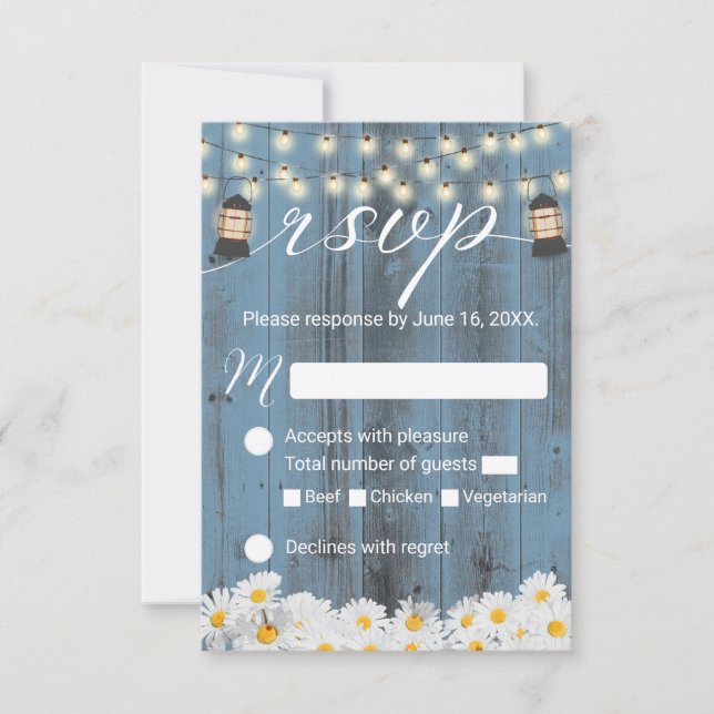 Rustic Daisies & Lantern Dusty Blue Wedding RSVP Card (Front)