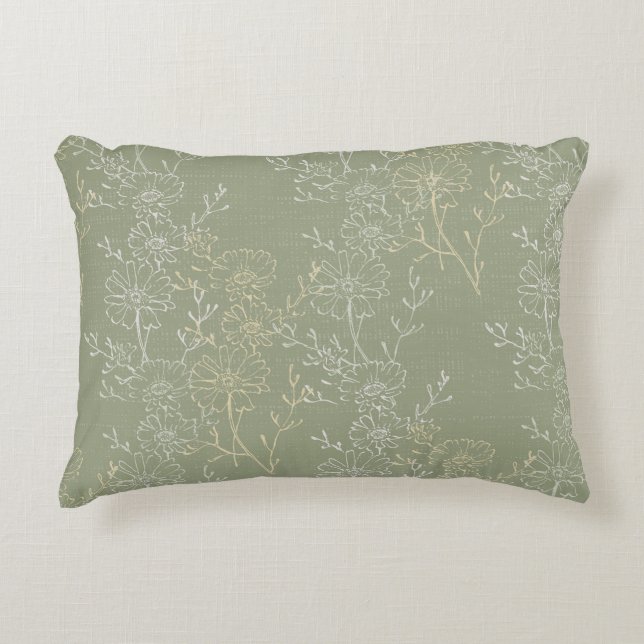 Rustic Daisies on Sage Green, Botanical Luxury  Accent Pillow (Front)