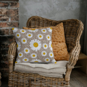 Rustic Daisy Burlap - Farmhouse Floral Throw Pillow