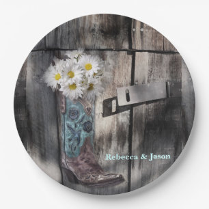 rustic daisy cowboy boot western country  wedding paper plate