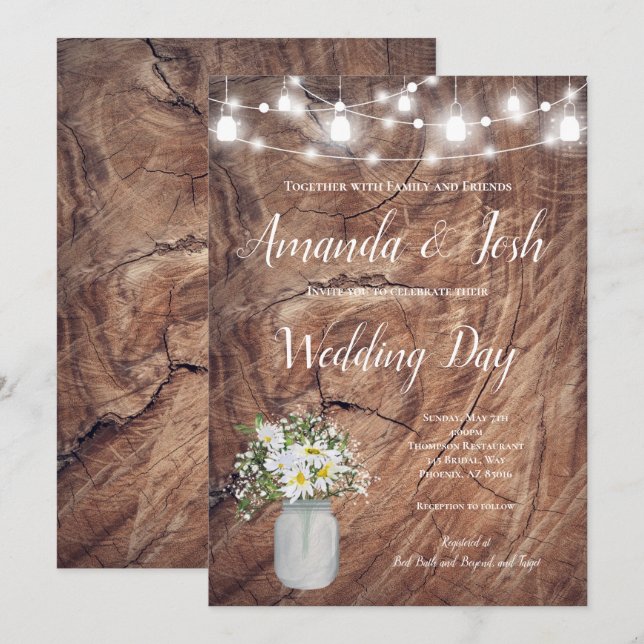 Rustic Daisy Floral Mason Jar Country Wedding Invitation (Front/Back)