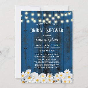 Rustic Daisy Floral Navy Barn Wood Bridal Shower Invitation