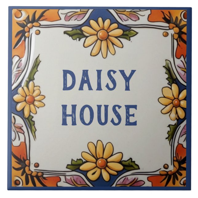 Rustic Daisy Flower Custom House Name Plate Sign Tile (Front)