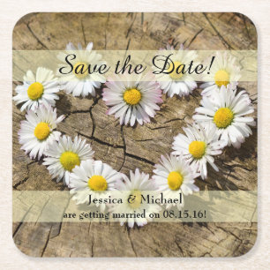 Rustic Daisy Heart Save the Date Square Paper Coaster