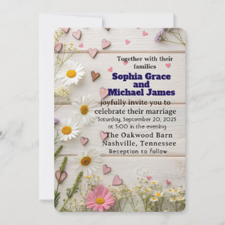 Rustic Daisy & Heart Wedding Invitation
