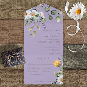 Rustic Daisy & Lavender Floral Purple Dinner All In One Invitation