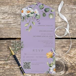 Rustic Daisy & Lavender Floral Purple QR Code All In One Invitation