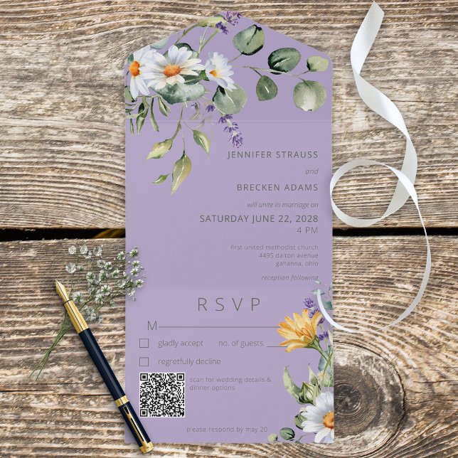 Rustic Daisy & Lavender Floral Purple QR Code All In One Invitation (Creator Uploaded)