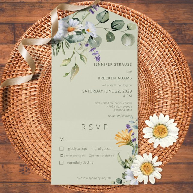 Rustic Daisy & Lavender Floral Sage Green Dinner All In One Invitation (Creator Uploaded)