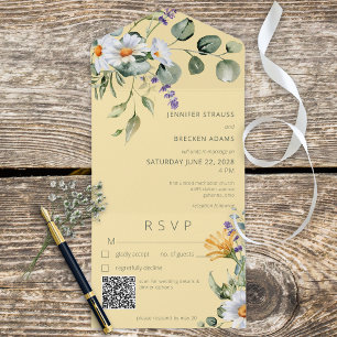 Rustic Daisy & Lavender Floral Yellow QR Code All In One Invitation