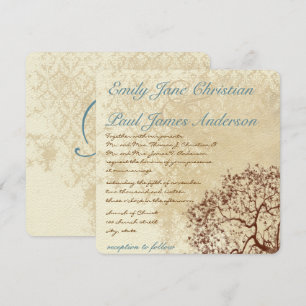 Rustic Damask Brown Tree Teal Font Wedding Invite