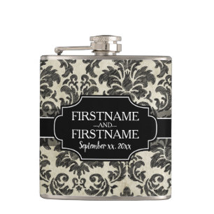 Rustic Damask Pattern in Black and Parchment Hip Flask
