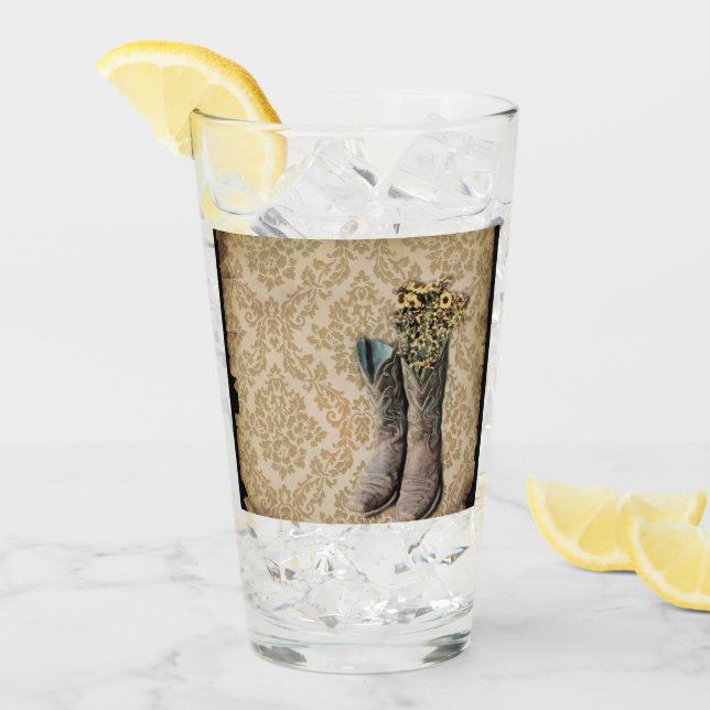 rustic damask western country cowboy boot glass (Front Ice)