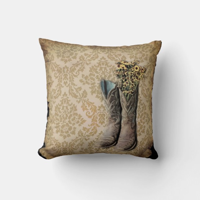 rustic damask western country cowboy boot throw pillow (Front)