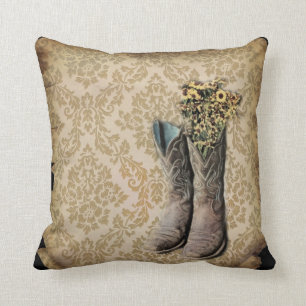 rustic damask western country cowboy boot throw pillow