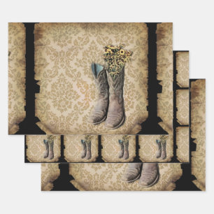 rustic damask western country cowboy boot wrapping paper sheet