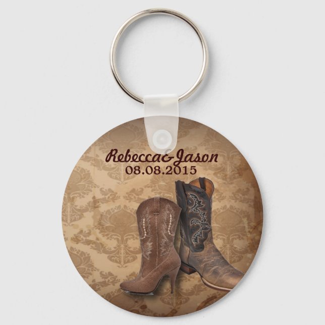 rustic damask Western Cowboy wedding favour Keychain (Front)