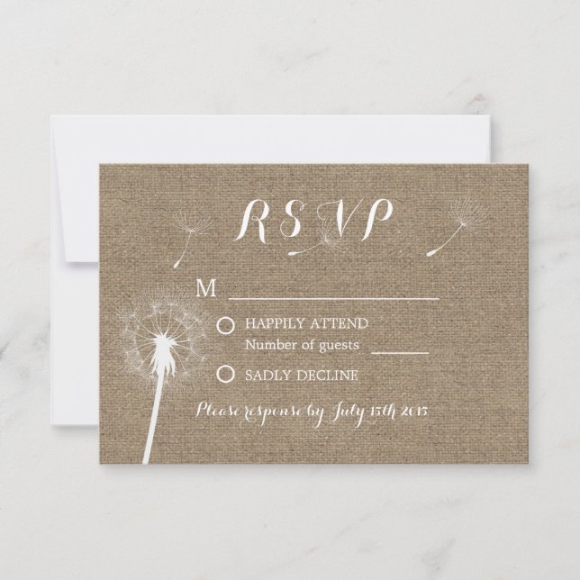 Rustic Dandelion Blowing Burlap Wedding RSVP (Front)