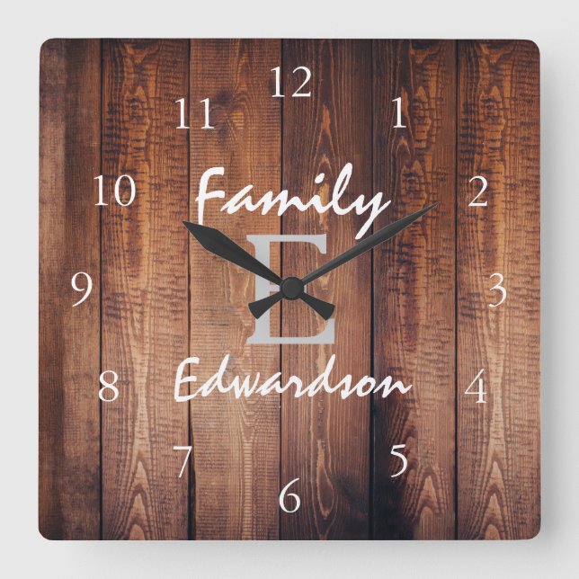 Rustic dark barn wood monogram name square wall clock (Front)