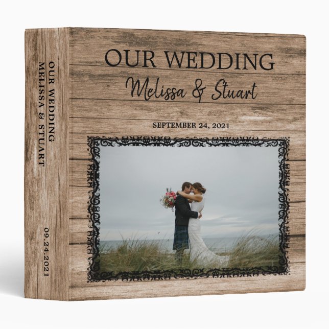 Rustic dark barn wood photo Wedding album 3 Ring B Binder (Front/Spine)
