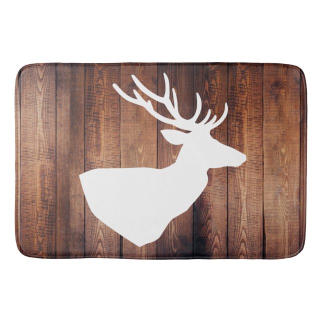Rustic Dark Barn Wood Planks White Deer Bath Mat (Front)