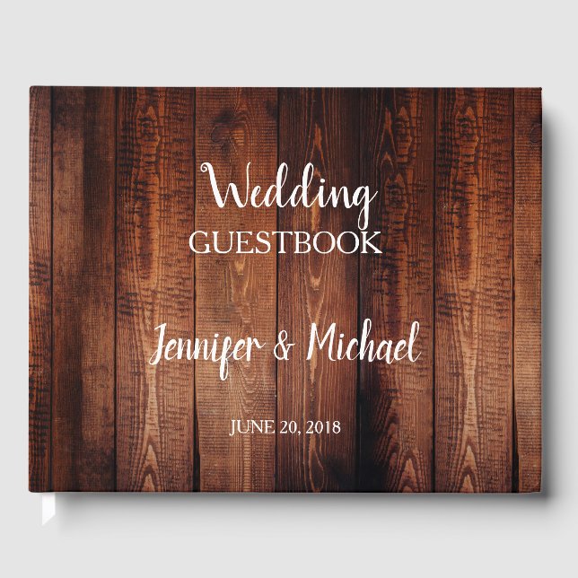 Rustic dark barn wood script country wedding guest book (Front)