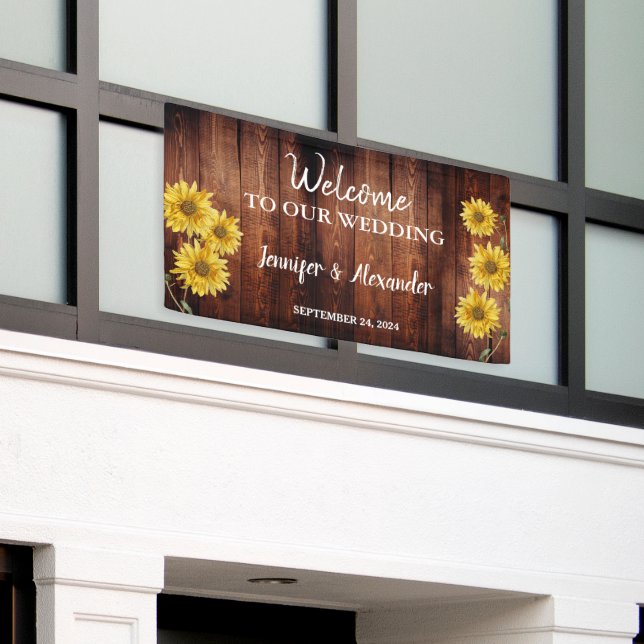 Rustic dark barn wood sunflower Welcome wedding Banner (Outside Building)