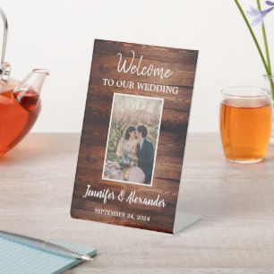 Rustic dark barn wood Welcome wedding photo Pedestal Sign