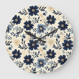 Rustic Dark Blue Beige Flower Folk Art Print Large Clock