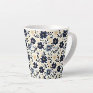 Rustic Dark Blue Beige Flower Folk Art Print Latte Mug