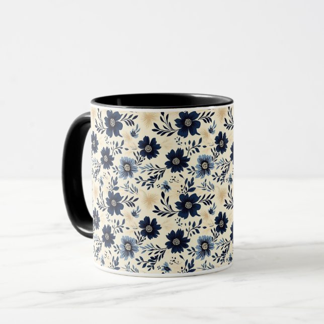 Rustic Dark Blue Beige Flower Folk Art Print Mug (Front Left)