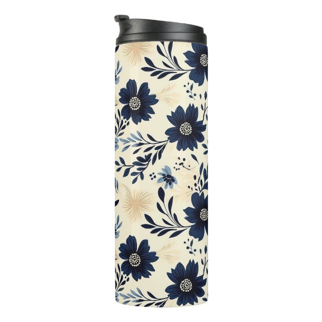 Rustic Dark Blue Beige Flower Folk Art Print Thermal Tumbler (Rotated Right)