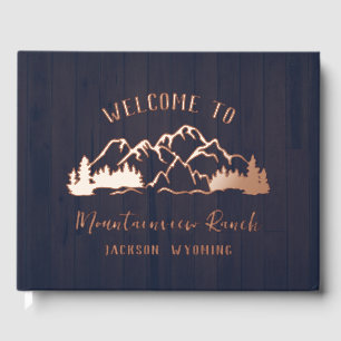 Rustic Dark Blue Wood Mountain Landscape Guest Book