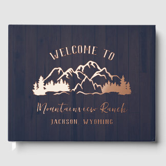 Rustic Dark Blue Wood Mountain Landscape Guest Book