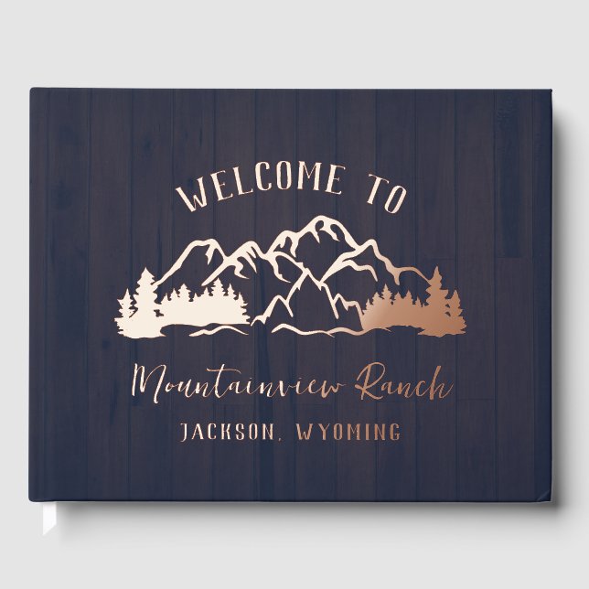 Rustic Dark Blue Wood Mountain Landscape Guest Book (Front)